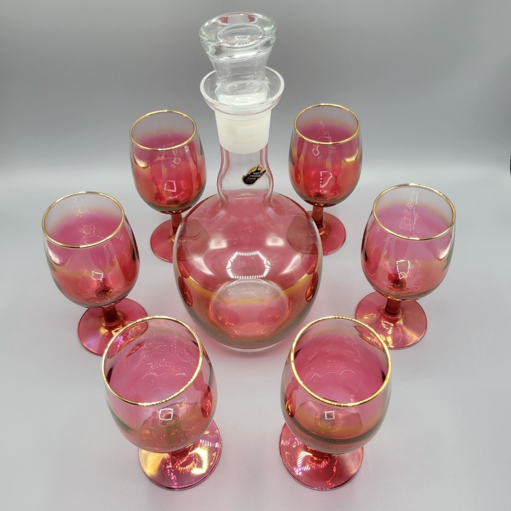Vintage West Virginia Glass Cranberry Ombre Decanter & 6 Goblets Set Gold Trim